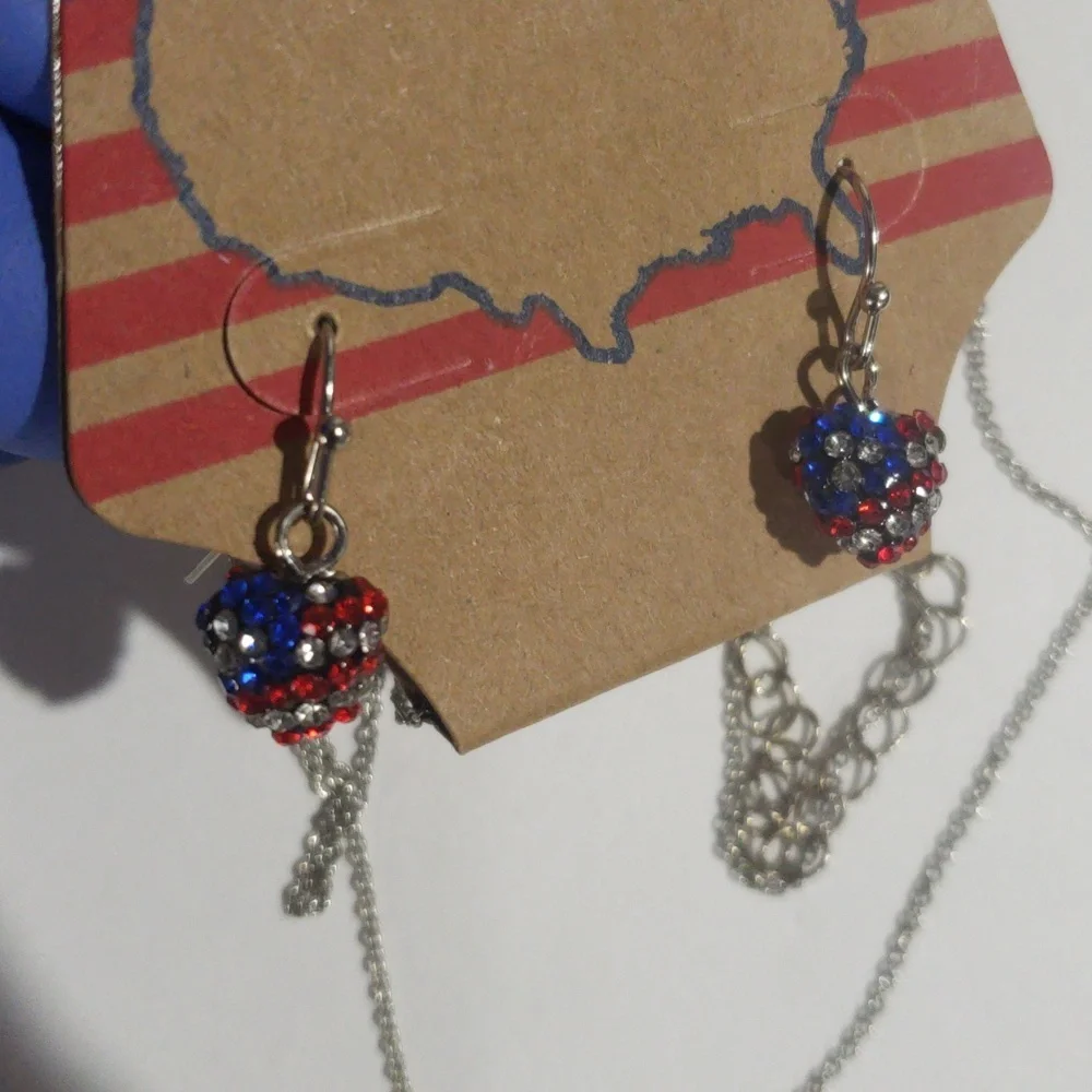 Women's Silver Heart Rhinestone Necklace American Flag  -  Patriotic  Jewelry